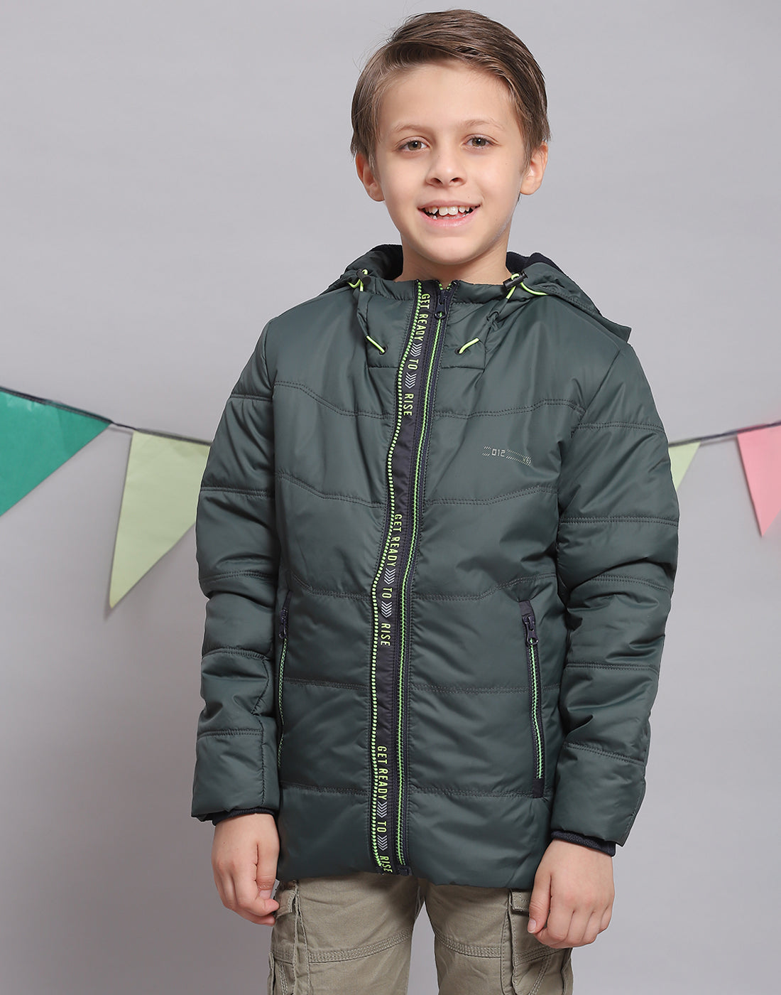 Boys Green Solid Hooded Full Sleeve Boys Jacket