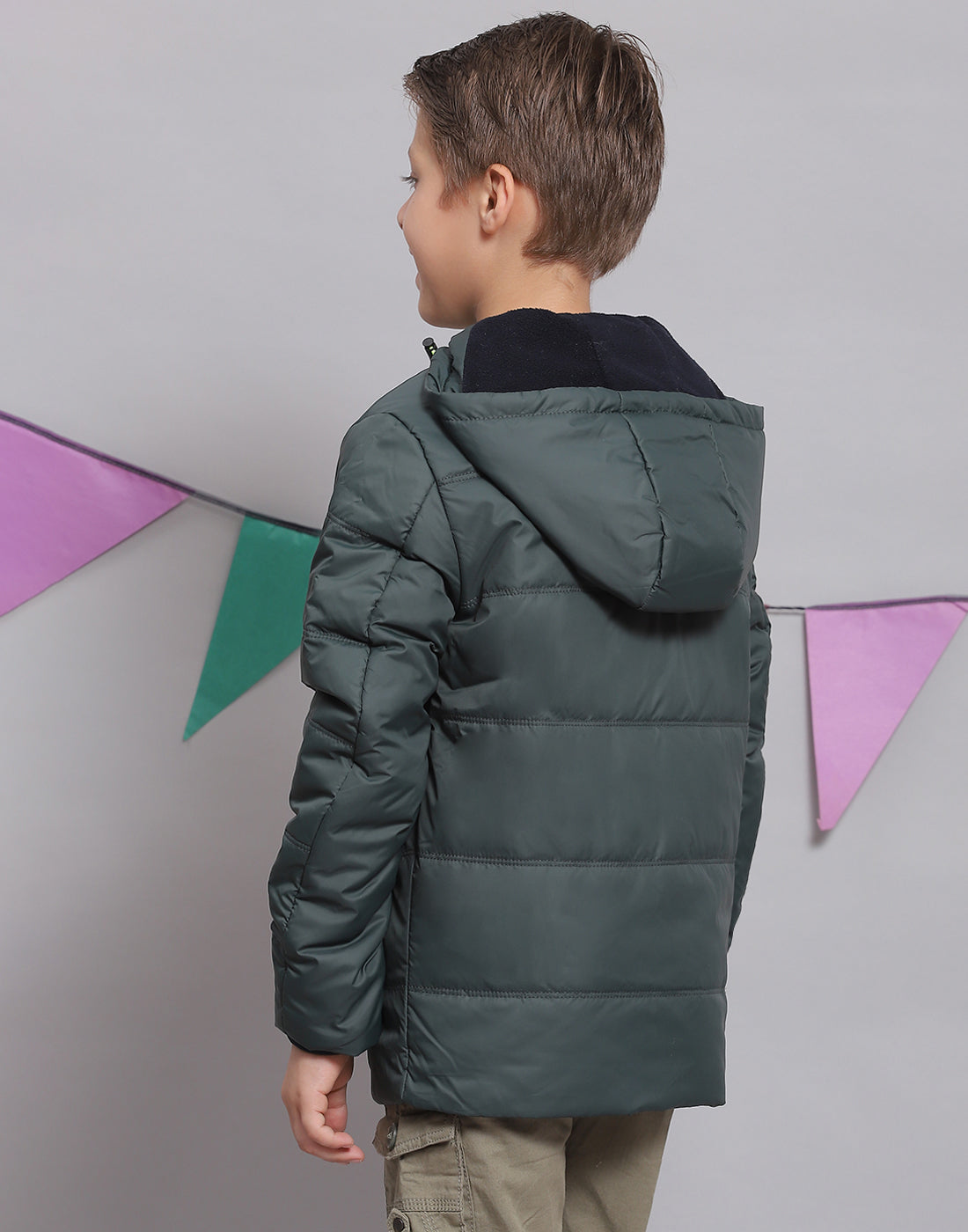 Boys Green Solid Hooded Full Sleeve Boys Jacket