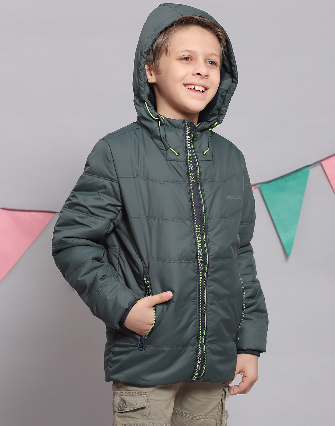 Boys Green Solid Hooded Full Sleeve Boys Jacket