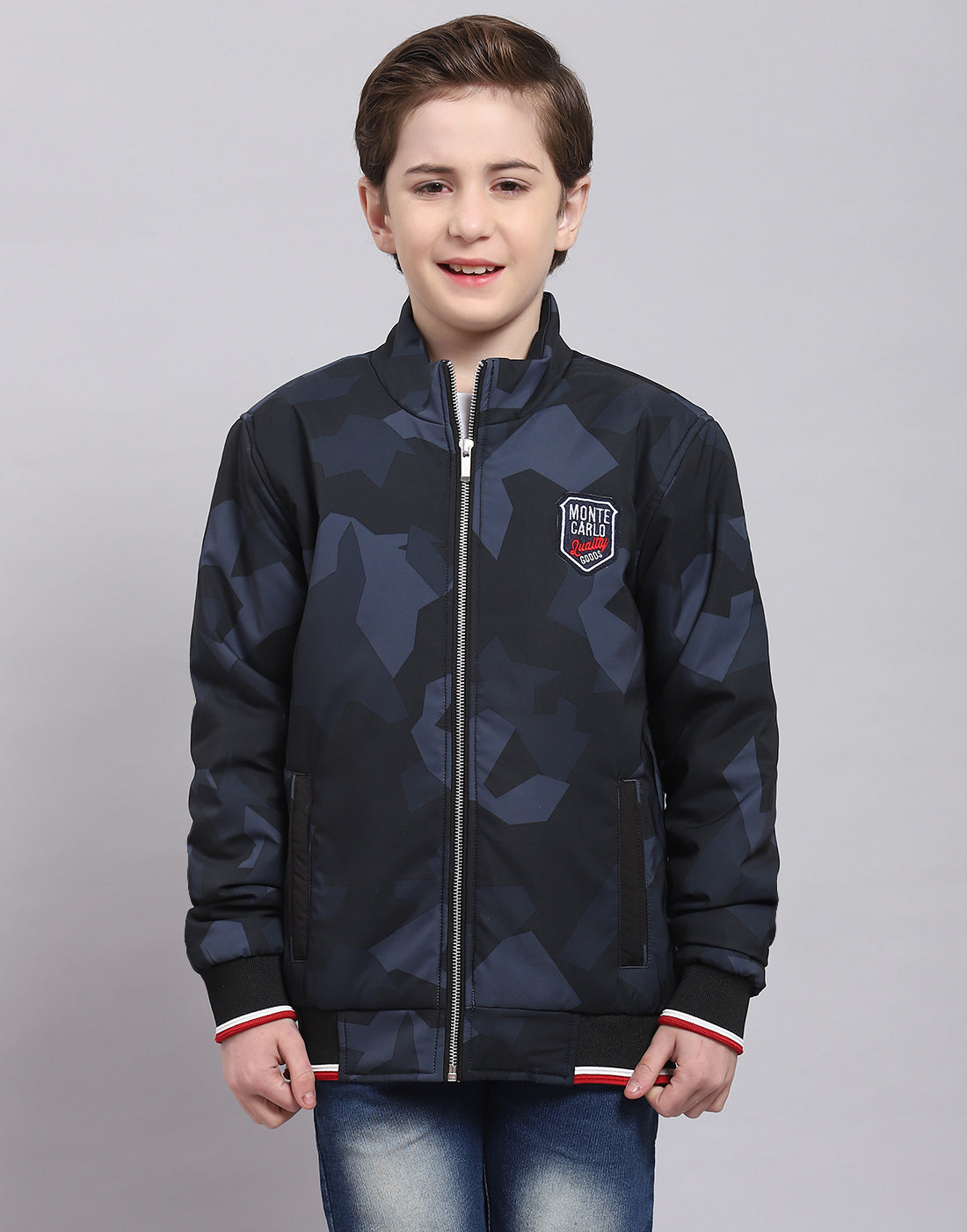 Boys Navy Blue Printed Stand Collar Full Sleeve Boys Jacket