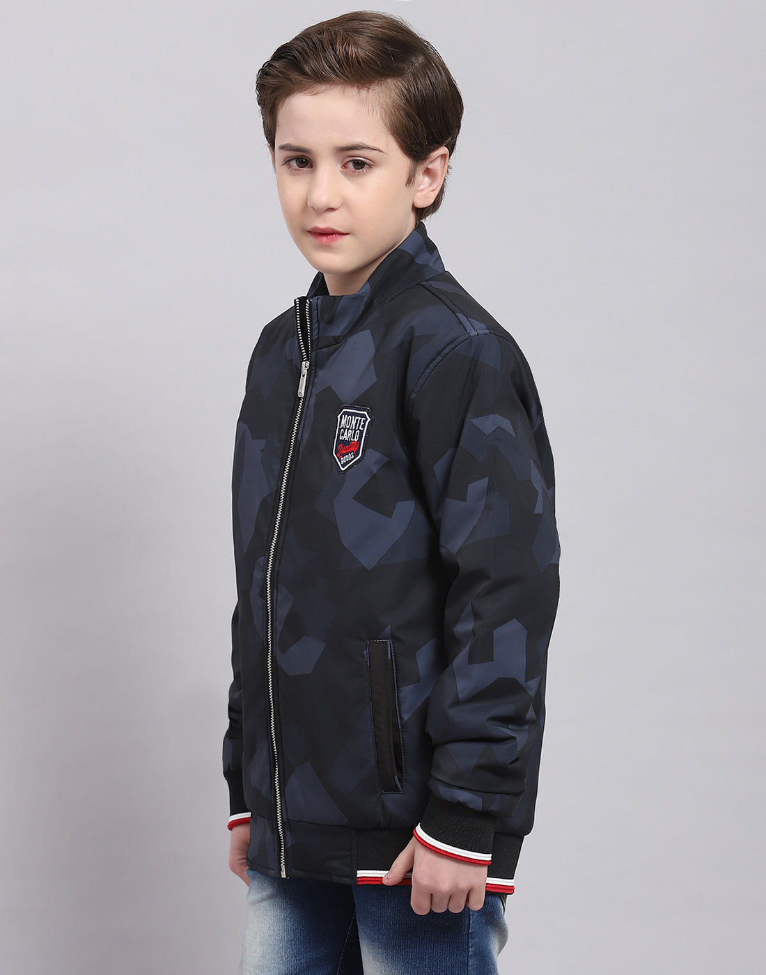 Boys Navy Blue Printed Stand Collar Full Sleeve Boys Jacket