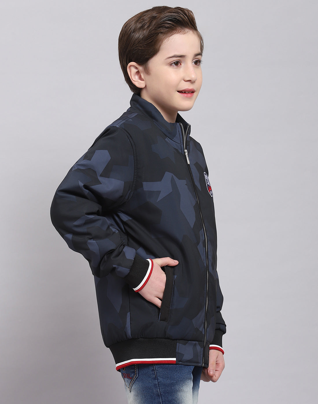 Boys Navy Blue Printed Stand Collar Full Sleeve Boys Jacket