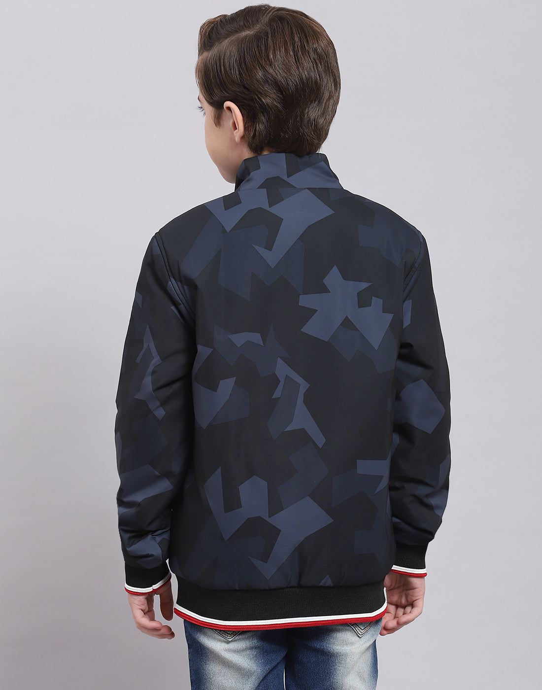 Boys Navy Blue Printed Stand Collar Full Sleeve Boys Jacket