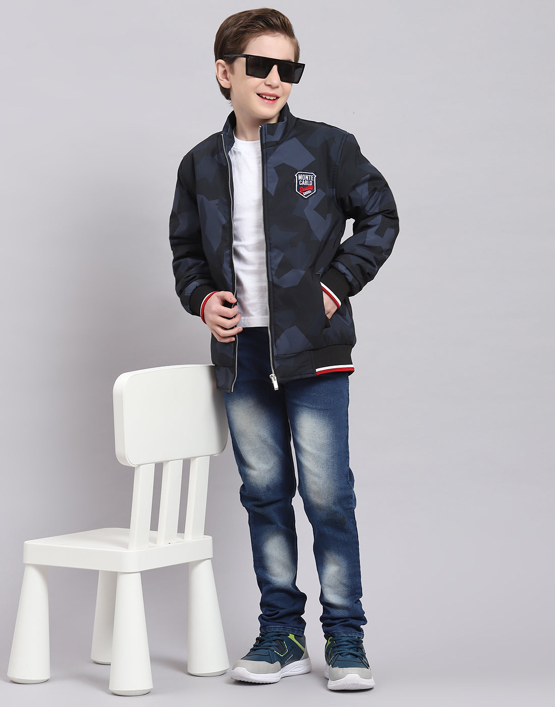 Boys Navy Blue Printed Stand Collar Full Sleeve Boys Jacket