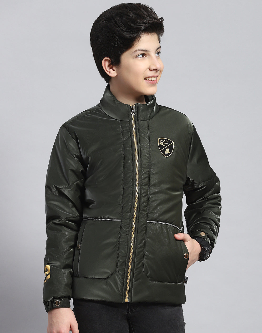 Boys Olive Solid Stand Collar Full Sleeve Boys Jacket