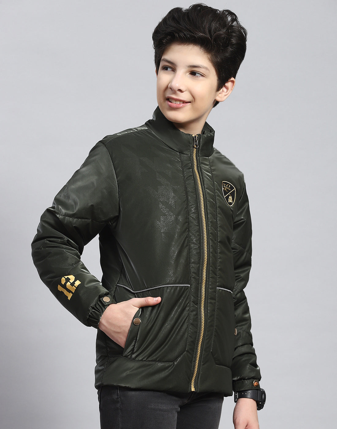 Boys Olive Solid Stand Collar Full Sleeve Boys Jacket