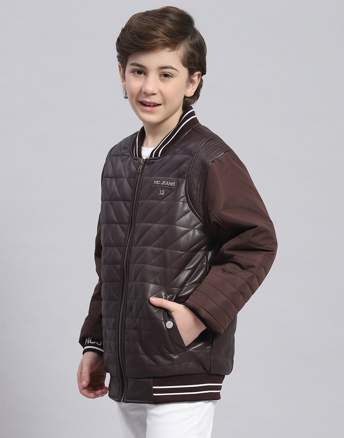 Boys Brown Solid Mandarin Collar Full Sleeve Boys Jacket