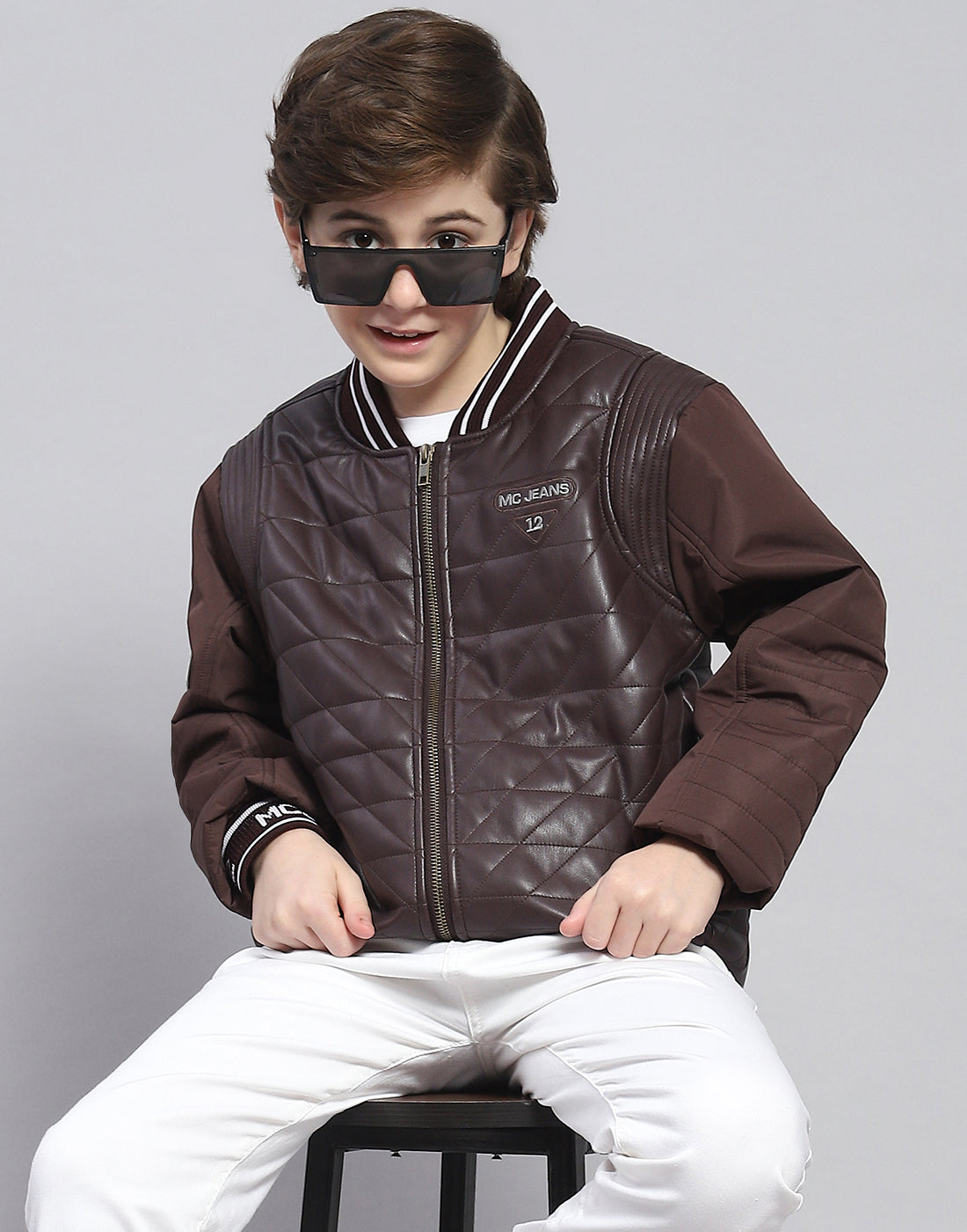 Boys Brown Solid Mandarin Collar Full Sleeve Boys Jacket