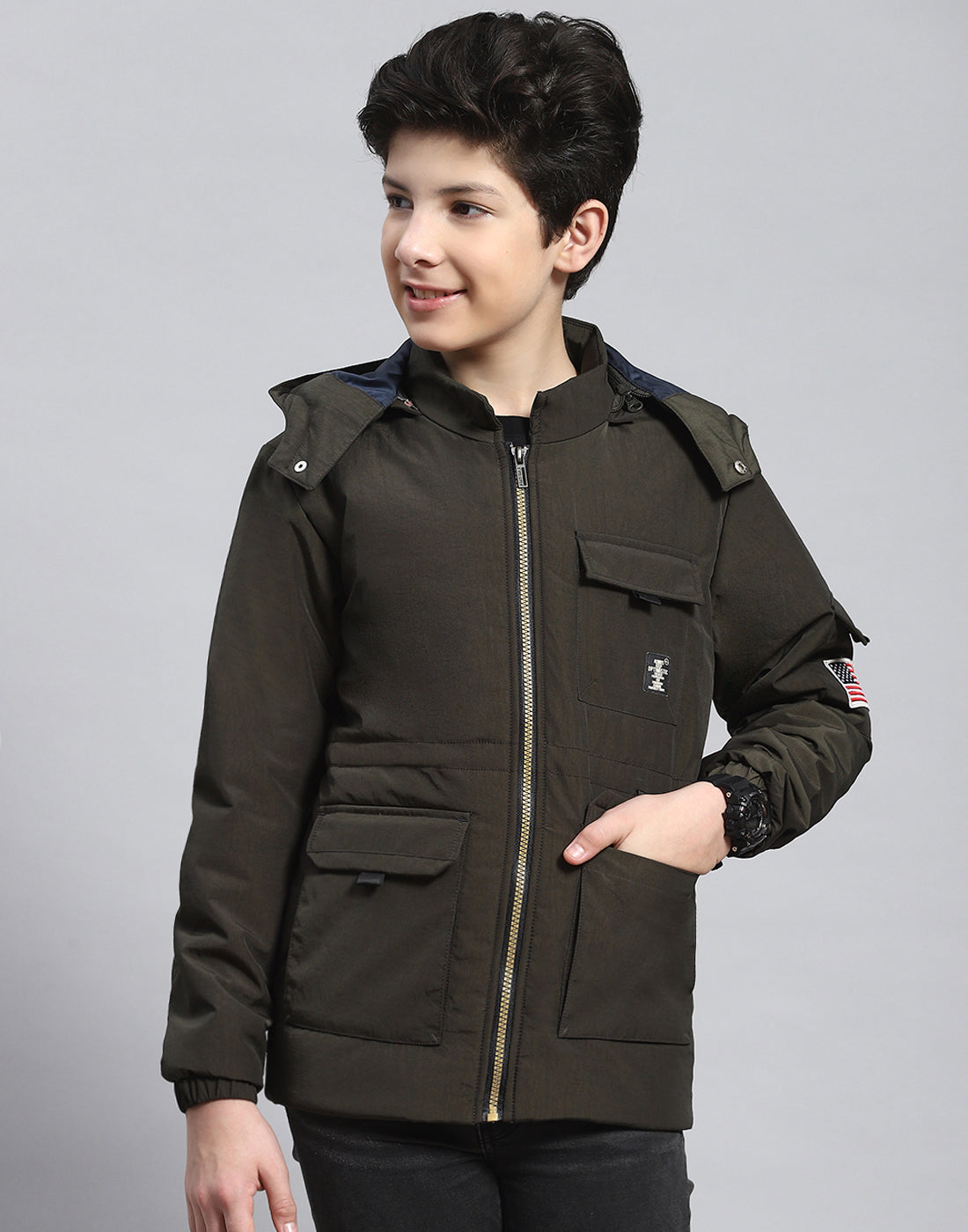 Boys Olive Solid Hooded Full Sleeve Boys Jacket