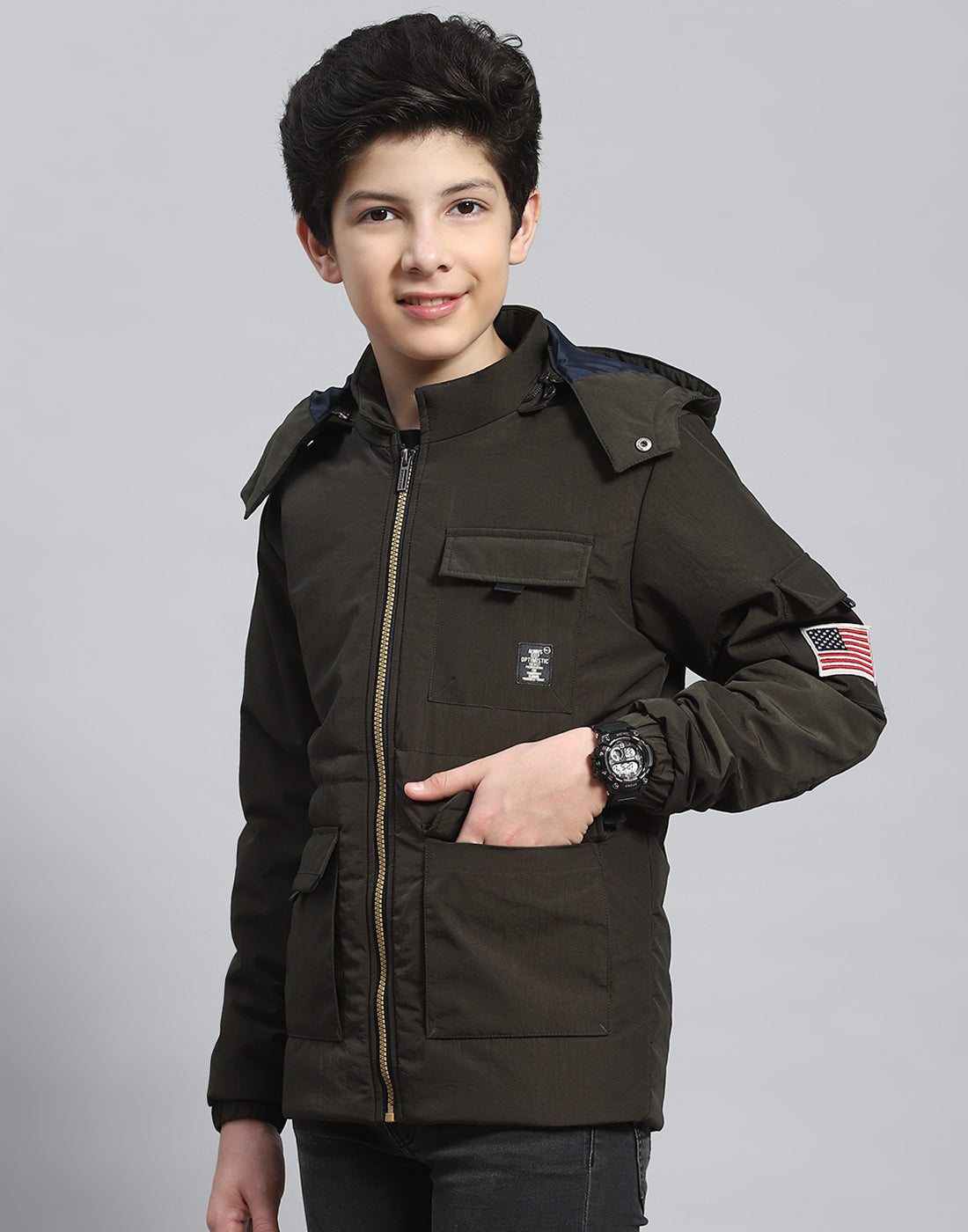 Boys Olive Solid Hooded Full Sleeve Boys Jacket