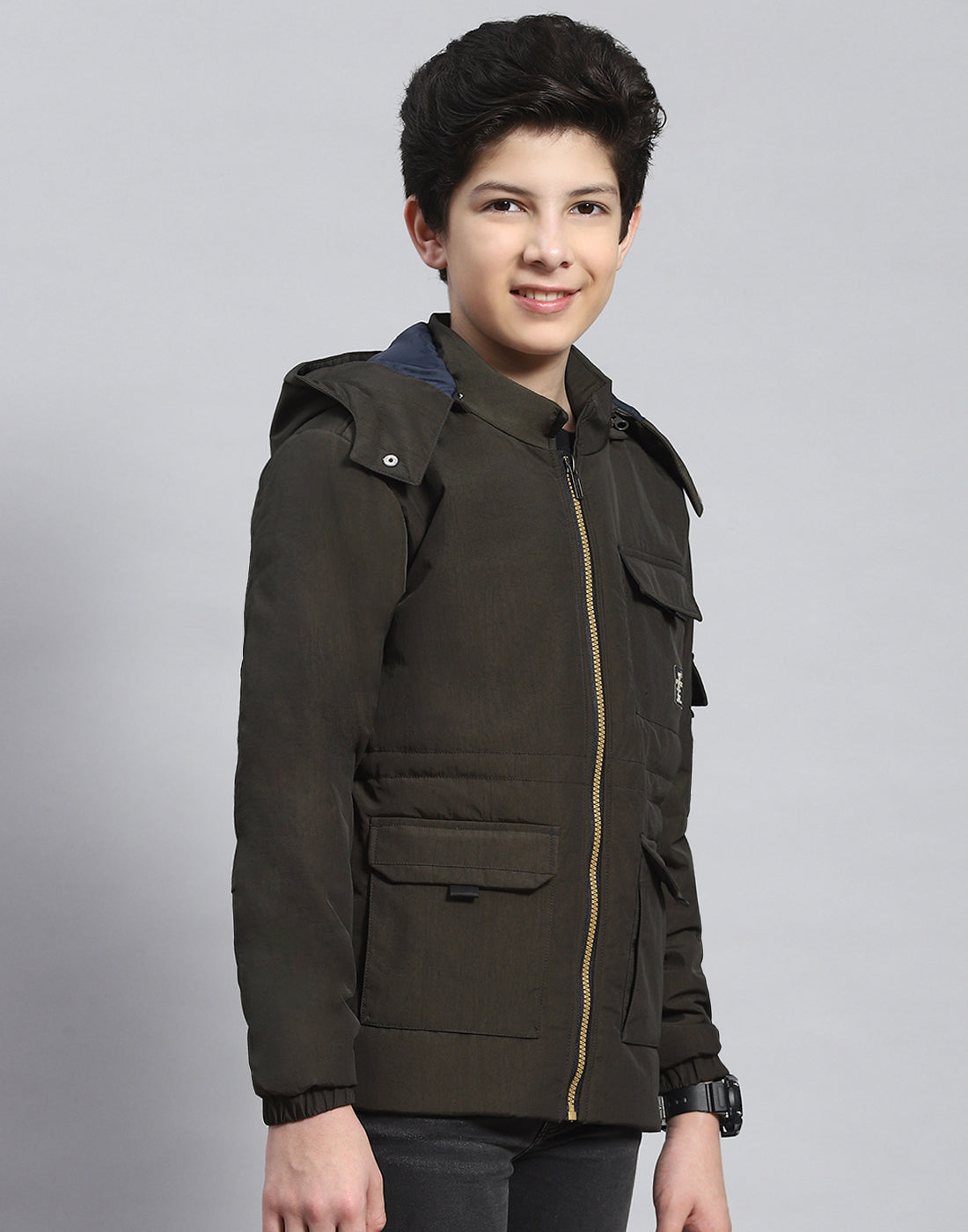 Boys Olive Solid Hooded Full Sleeve Boys Jacket