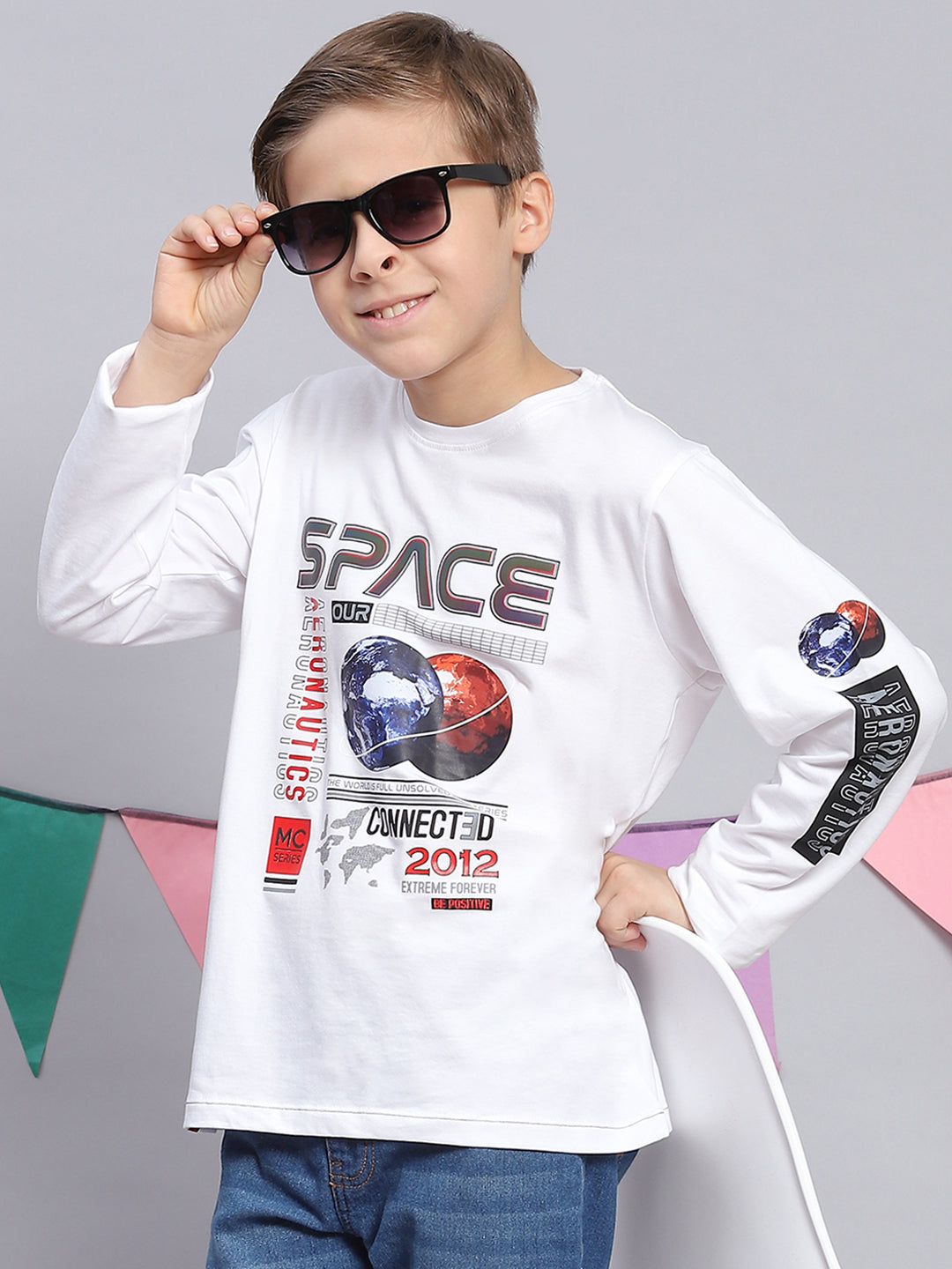 Boys White Printed Round Neck Full Sleeve T-Shirts