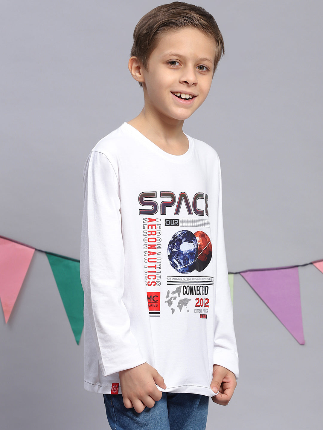 Boys White Printed Round Neck Full Sleeve T-Shirts