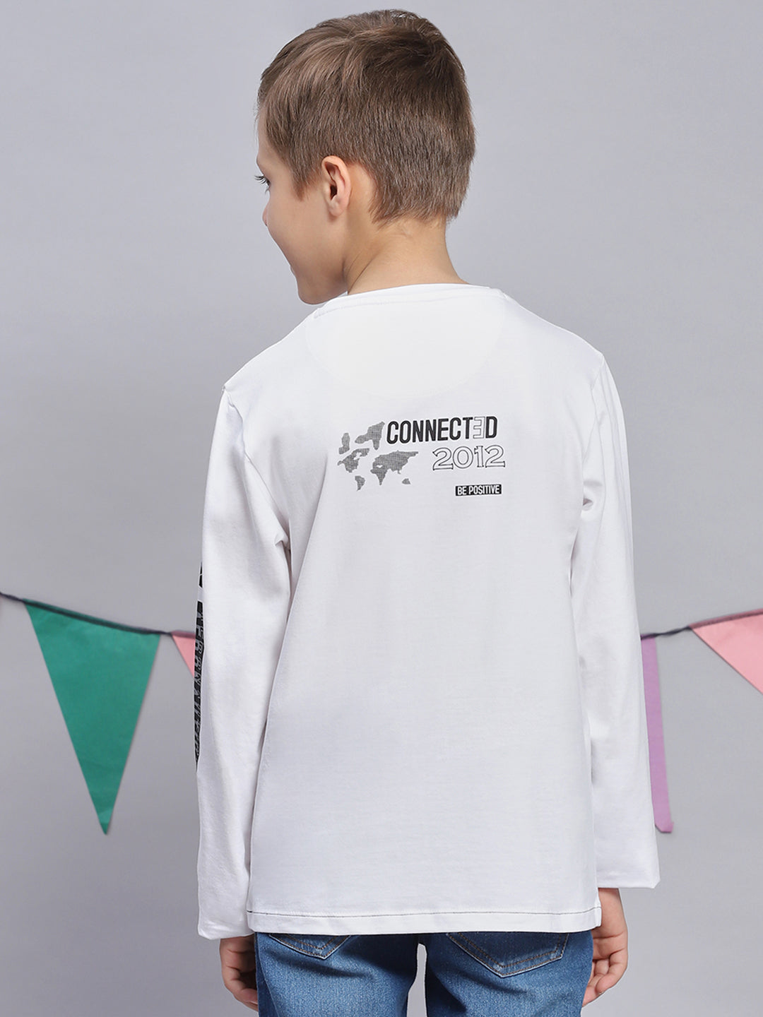 Boys White Printed Round Neck Full Sleeve T-Shirts