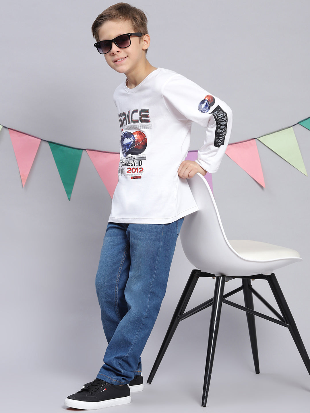 Boys White Printed Round Neck Full Sleeve T-Shirts