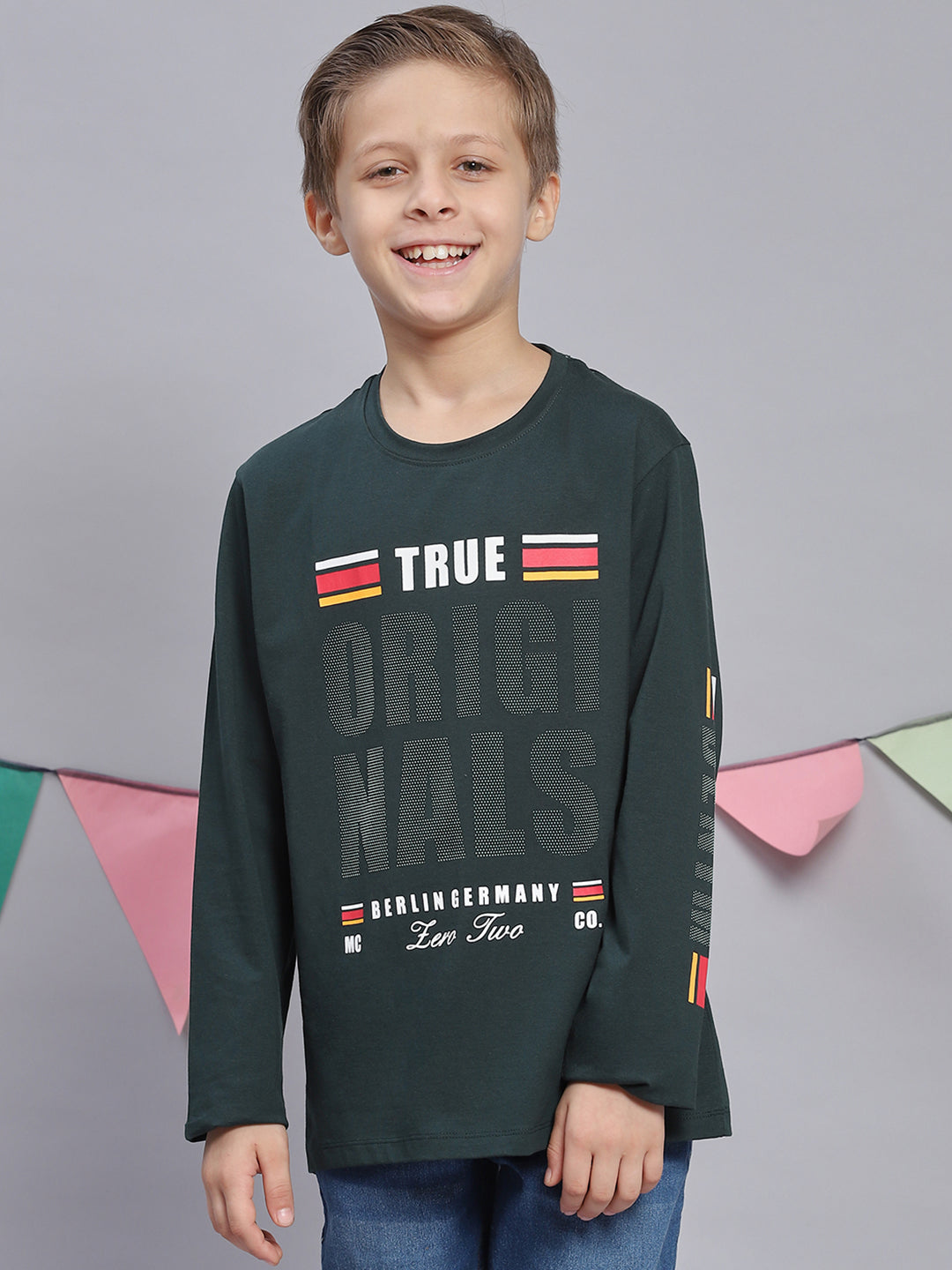 Boys Green Printed Round Neck Full Sleeve T-Shirts