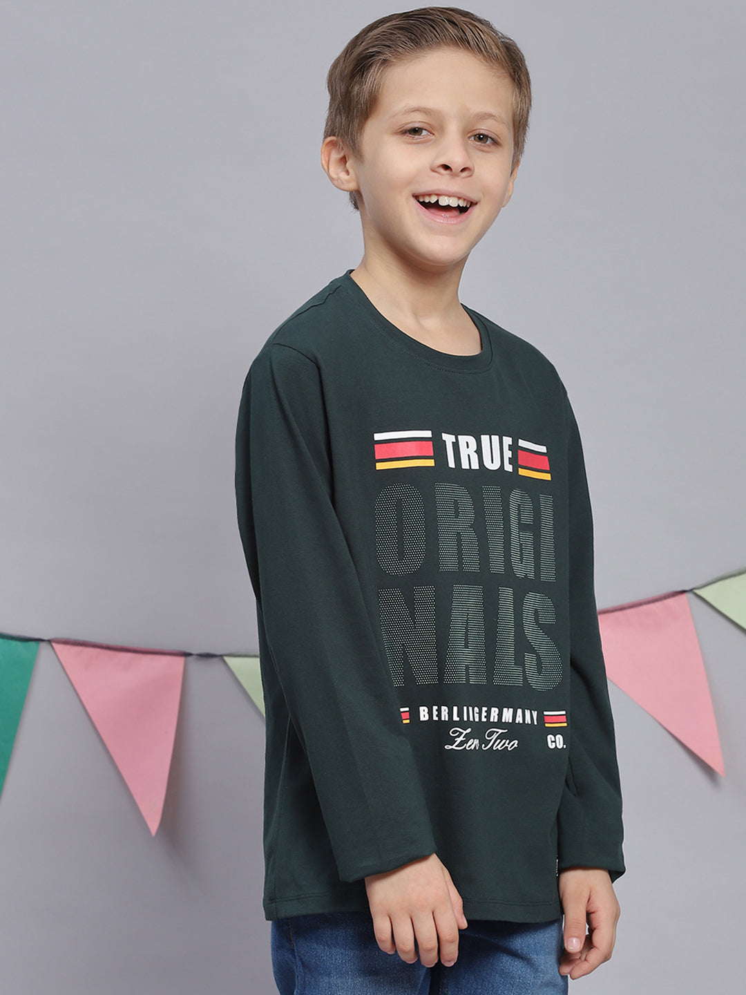 Boys Green Printed Round Neck Full Sleeve T-Shirts