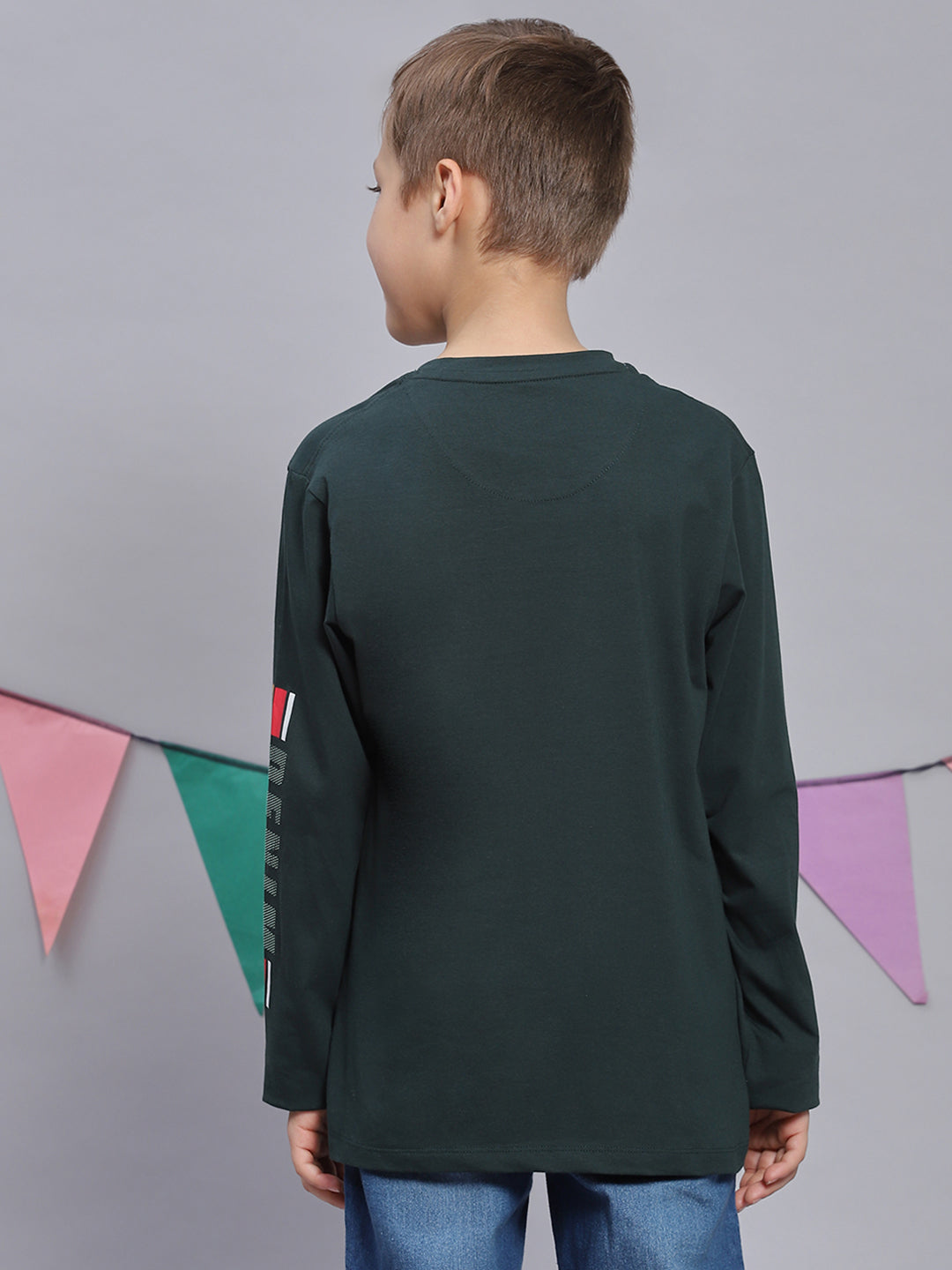 Boys Green Printed Round Neck Full Sleeve T-Shirts