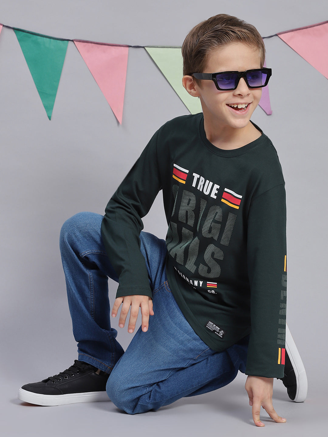 Boys Green Printed Round Neck Full Sleeve T-Shirts