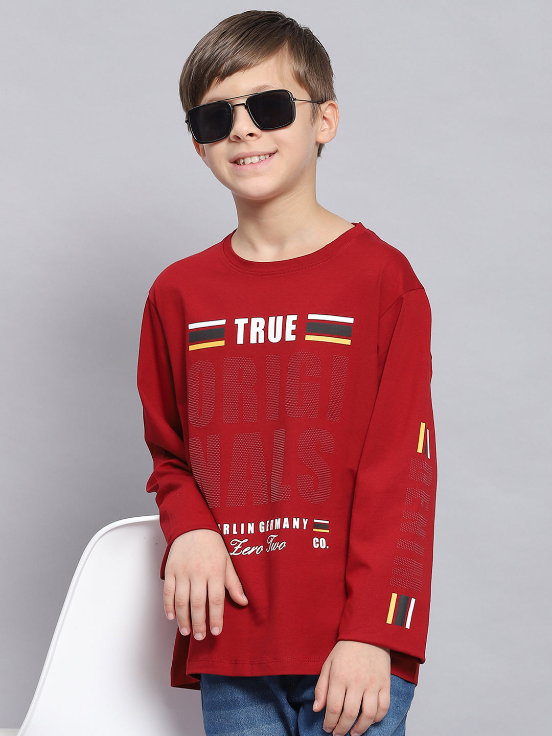 Boys Maroon Printed Round Neck Full Sleeve T-Shirts