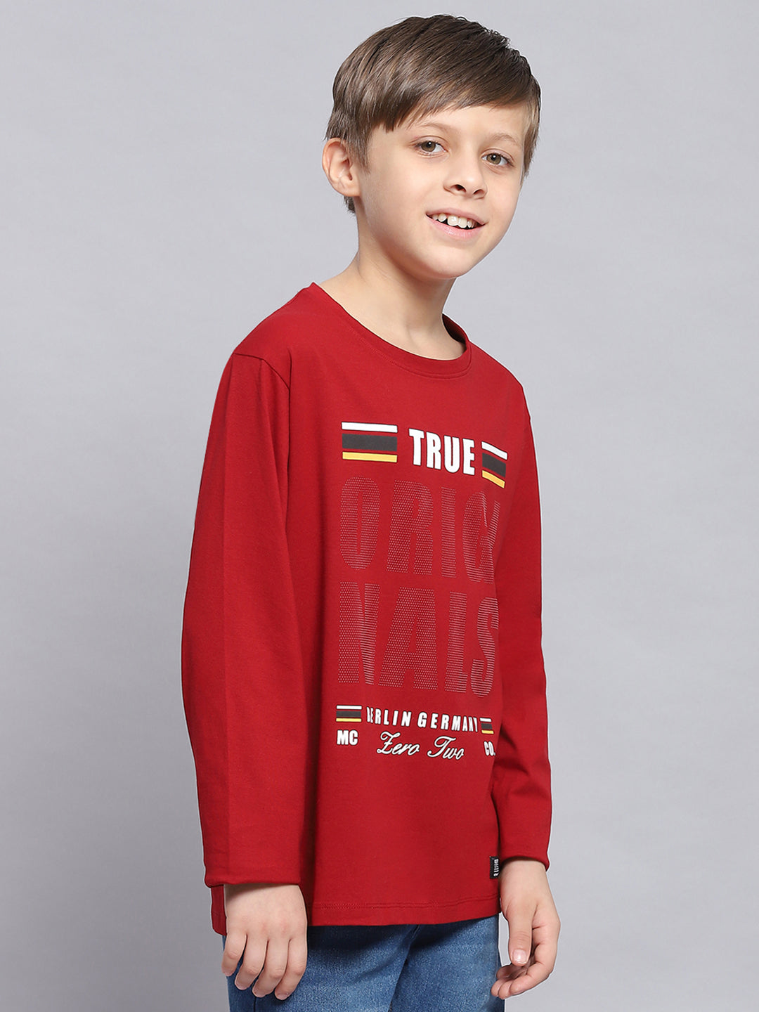 Boys Maroon Printed Round Neck Full Sleeve T-Shirts