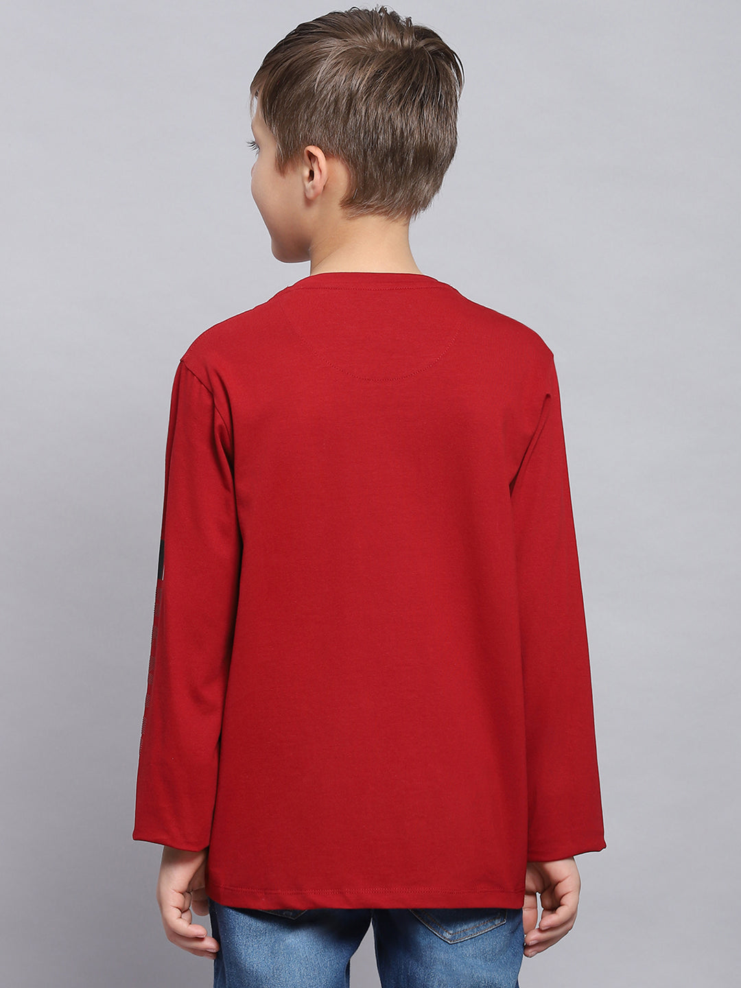 Boys Maroon Printed Round Neck Full Sleeve T-Shirts