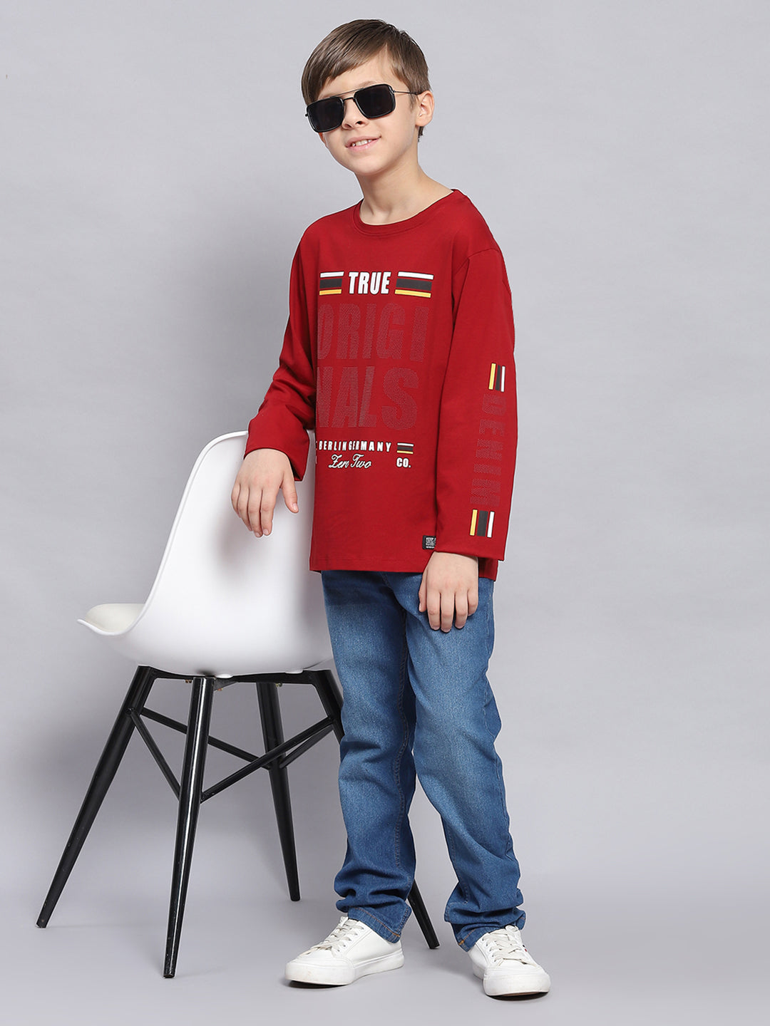 Boys Maroon Printed Round Neck Full Sleeve T-Shirts