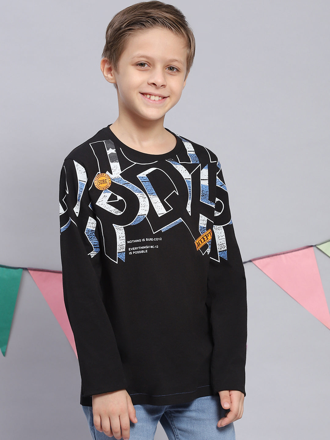 Boys Black Printed Round Neck Full Sleeve T-Shirts