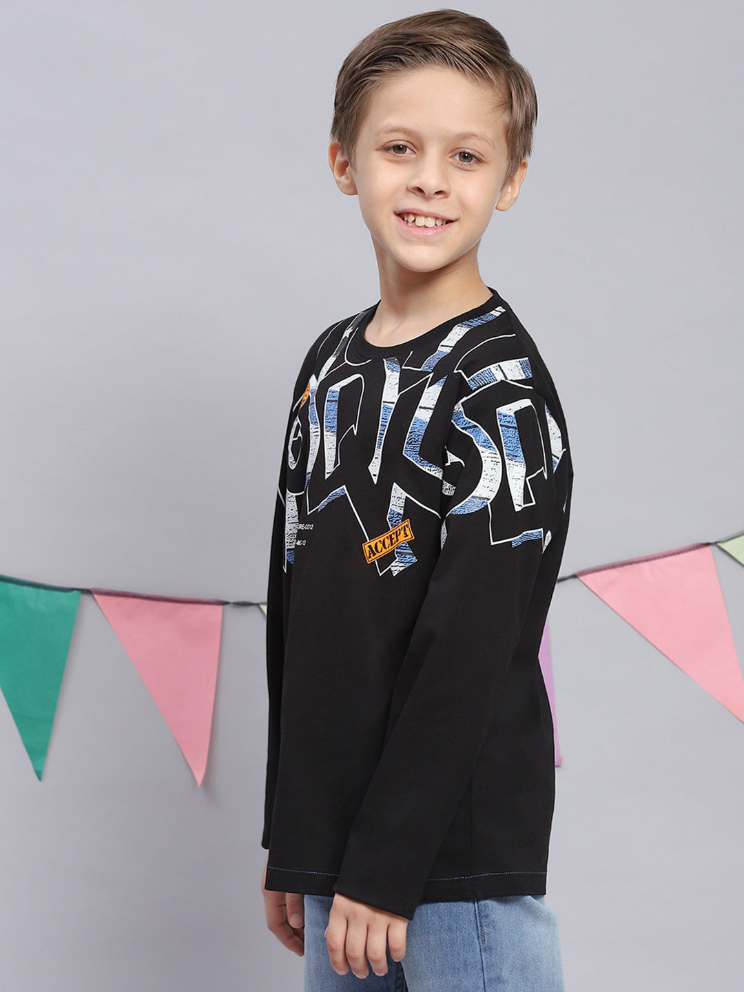 Boys Black Printed Round Neck Full Sleeve T-Shirts