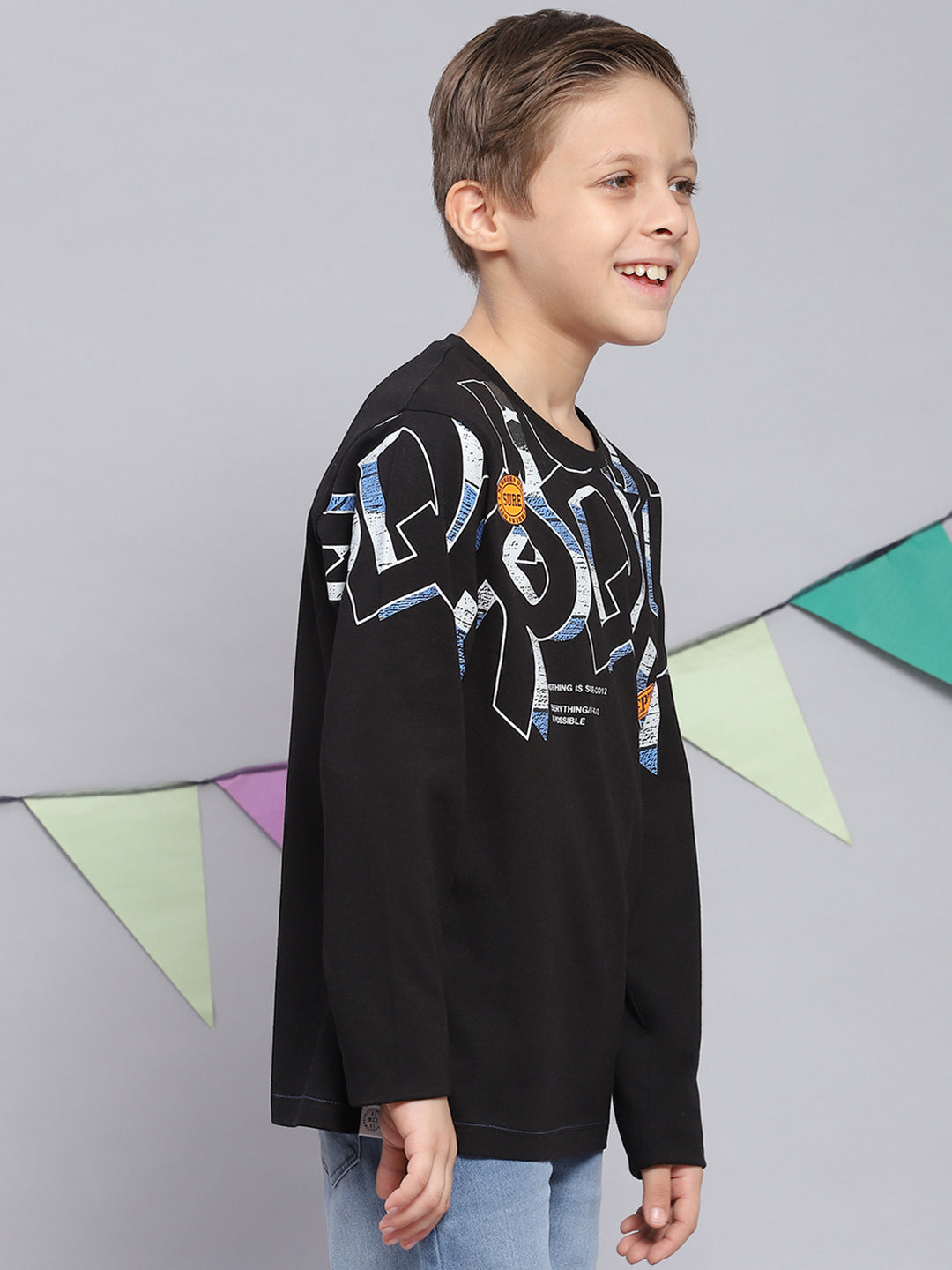 Boys Black Printed Round Neck Full Sleeve T-Shirts