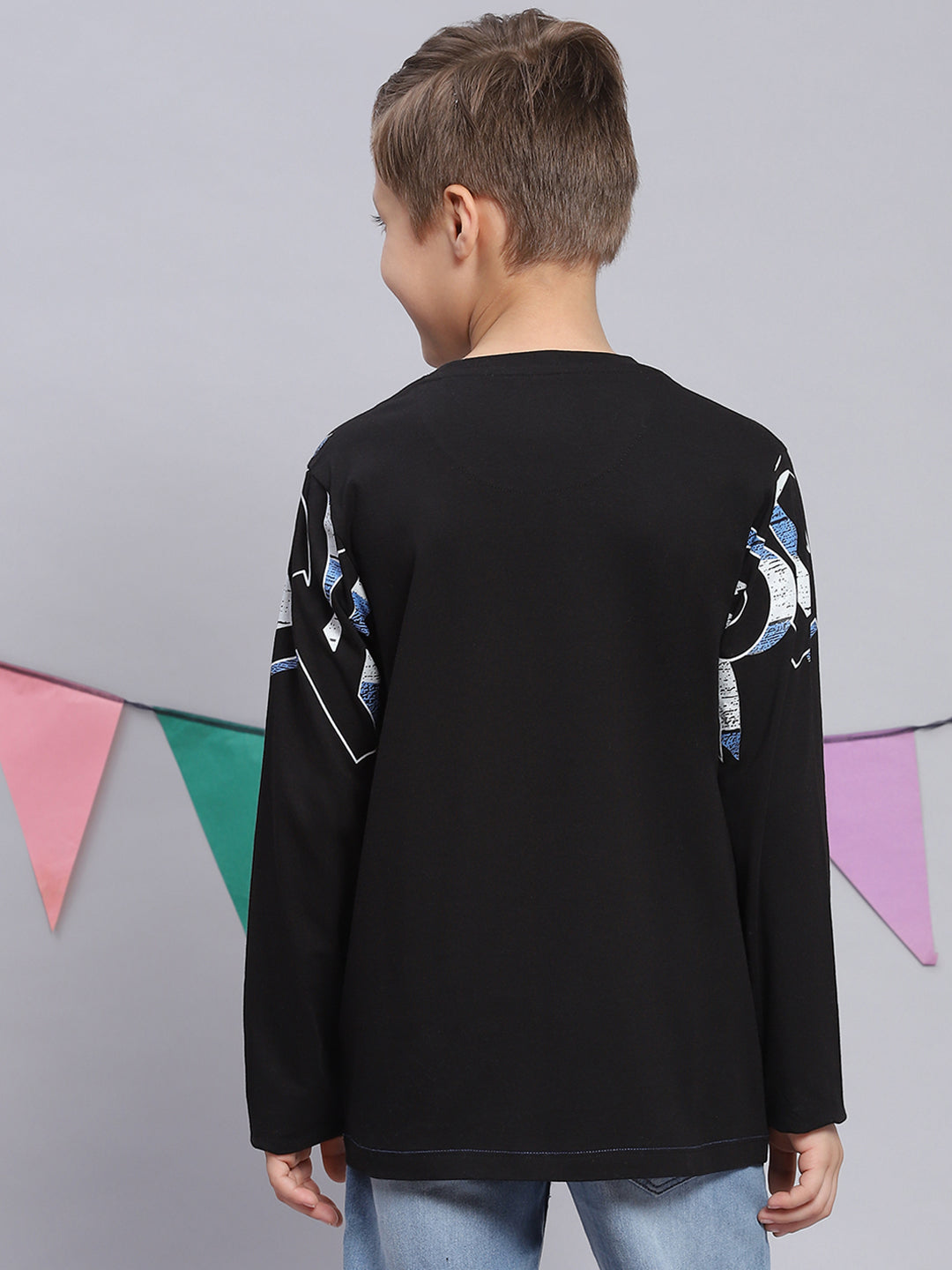 Boys Black Printed Round Neck Full Sleeve T-Shirts