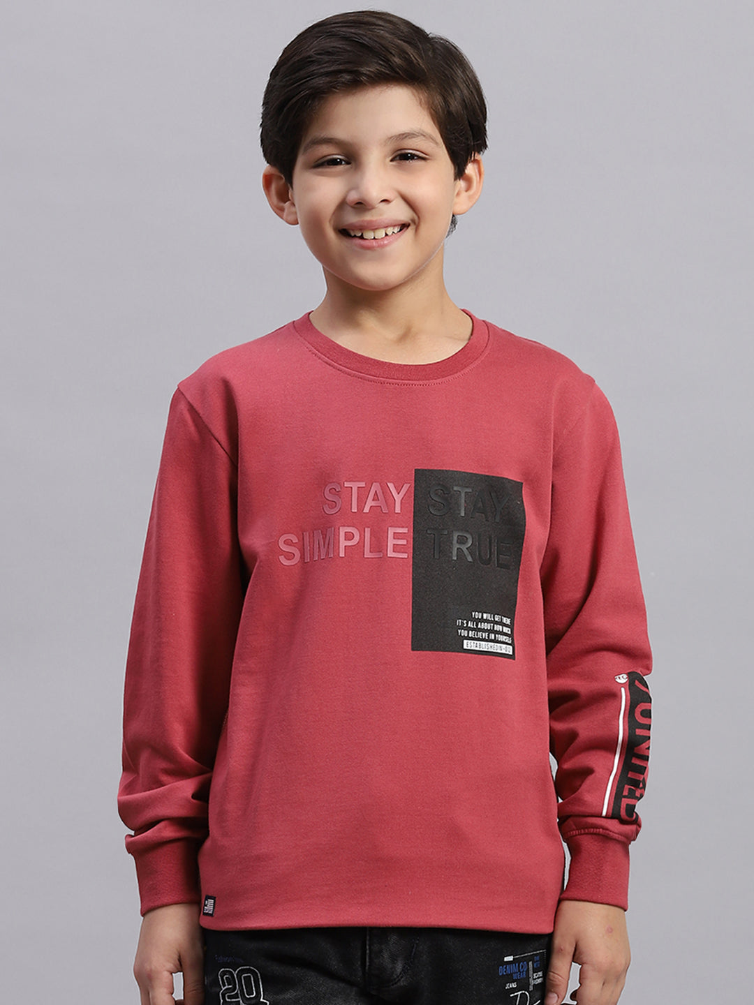 Boys Pink Printed Round Neck Full Sleeve Sweatshirt