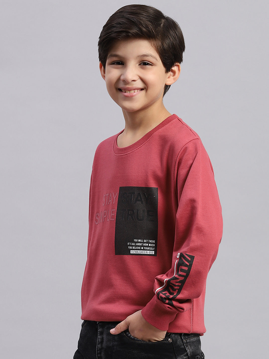 Boys Pink Printed Round Neck Full Sleeve Sweatshirt