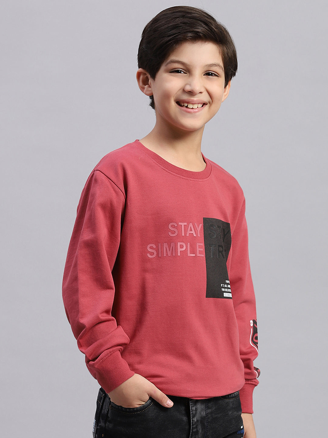 Boys Pink Printed Round Neck Full Sleeve Sweatshirt