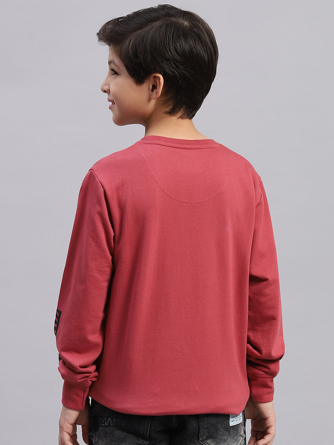 Boys Pink Printed Round Neck Full Sleeve Sweatshirt