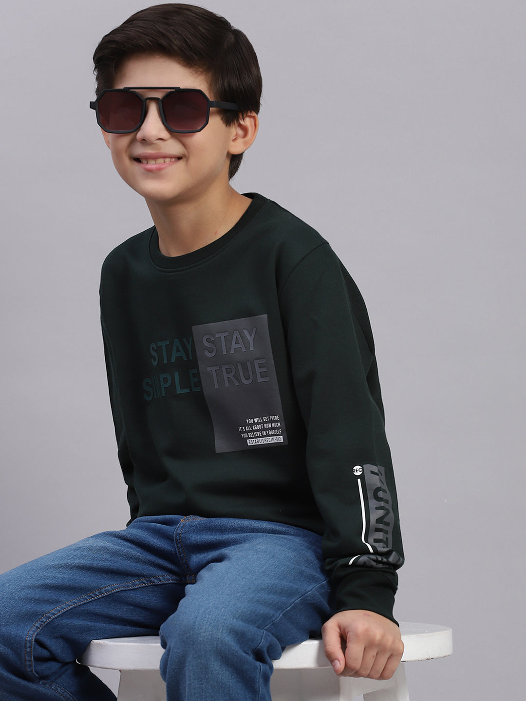 Boys Green Printed Round Neck Full Sleeve Sweatshirt