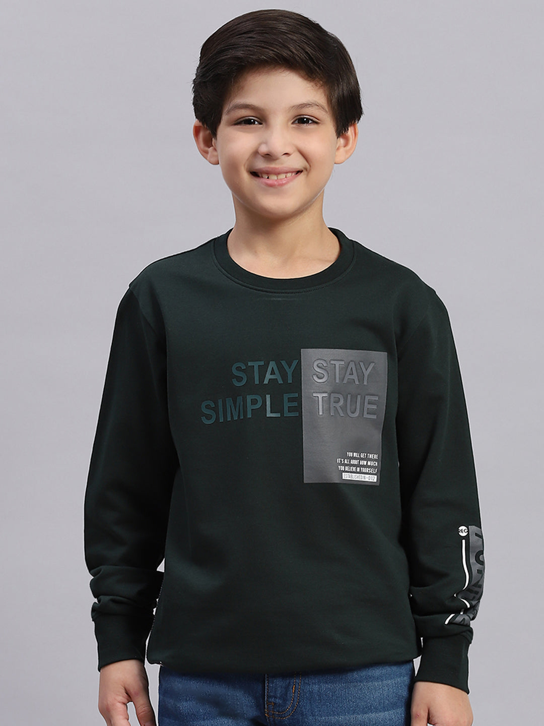 Boys Green Printed Round Neck Full Sleeve Sweatshirt