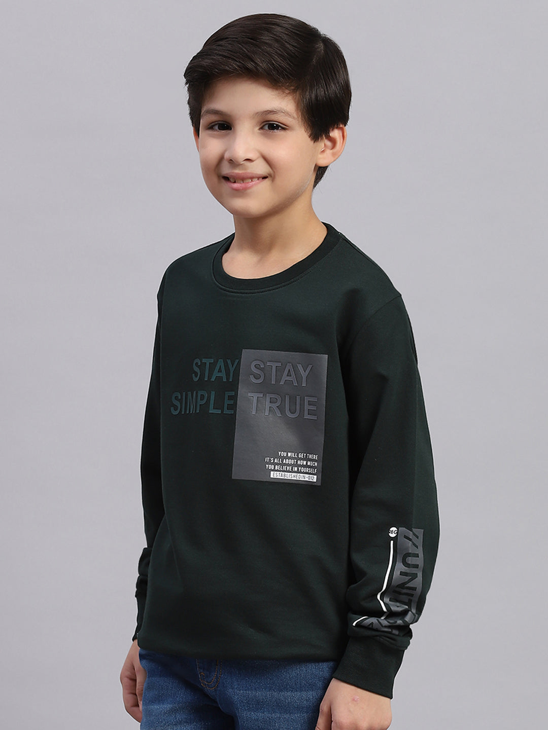 Boys Green Printed Round Neck Full Sleeve Sweatshirt