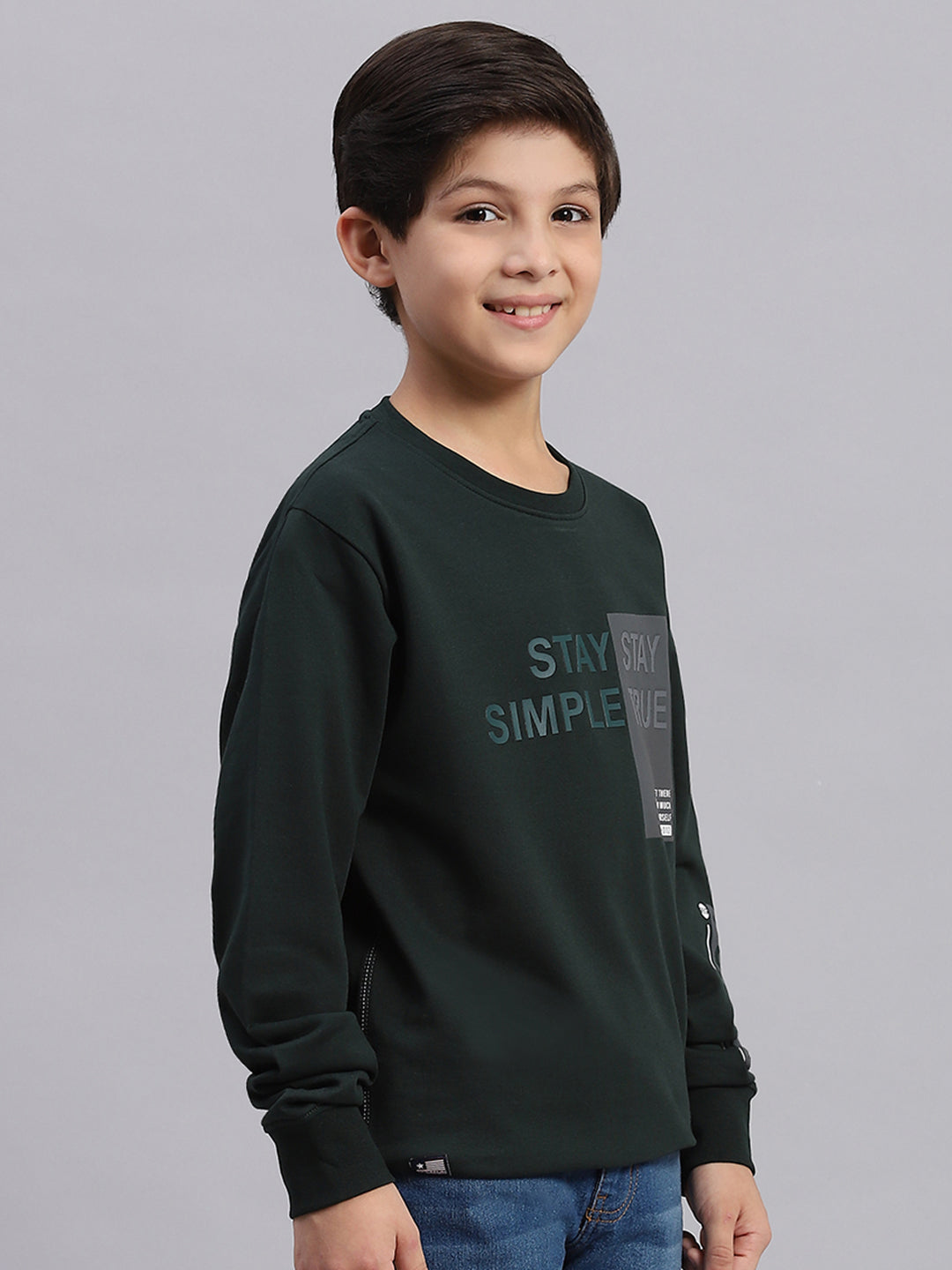 Boys Green Printed Round Neck Full Sleeve Sweatshirt