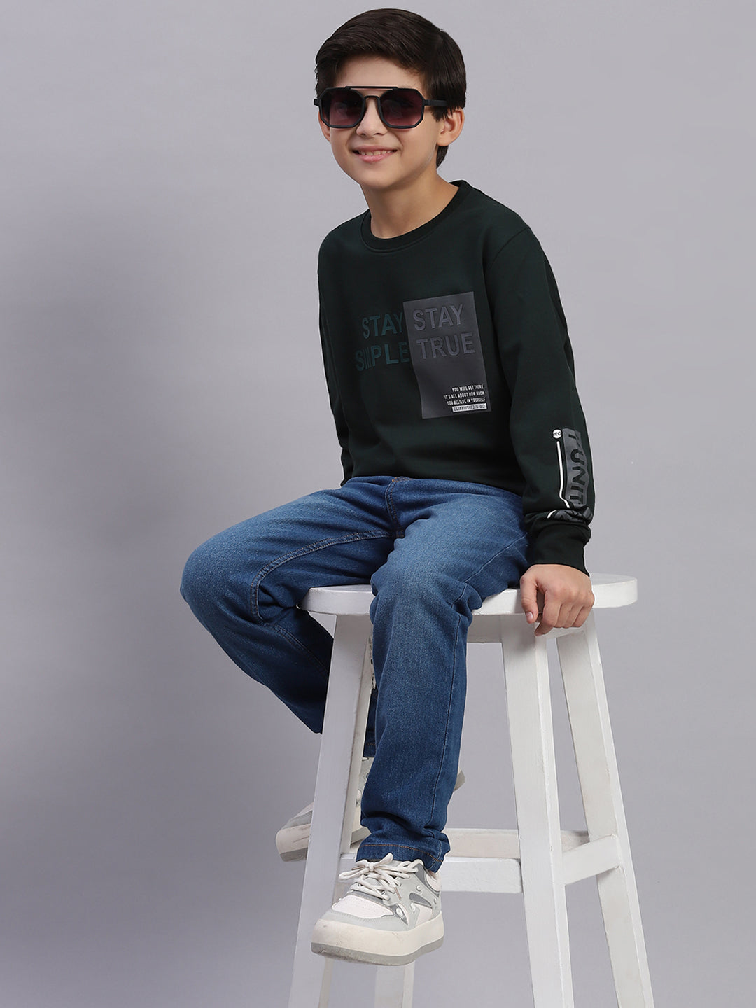 Boys Green Printed Round Neck Full Sleeve Sweatshirt