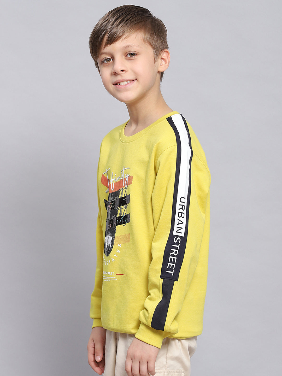 Boys Yellow Printed Round Neck Full Sleeve Sweatshirt