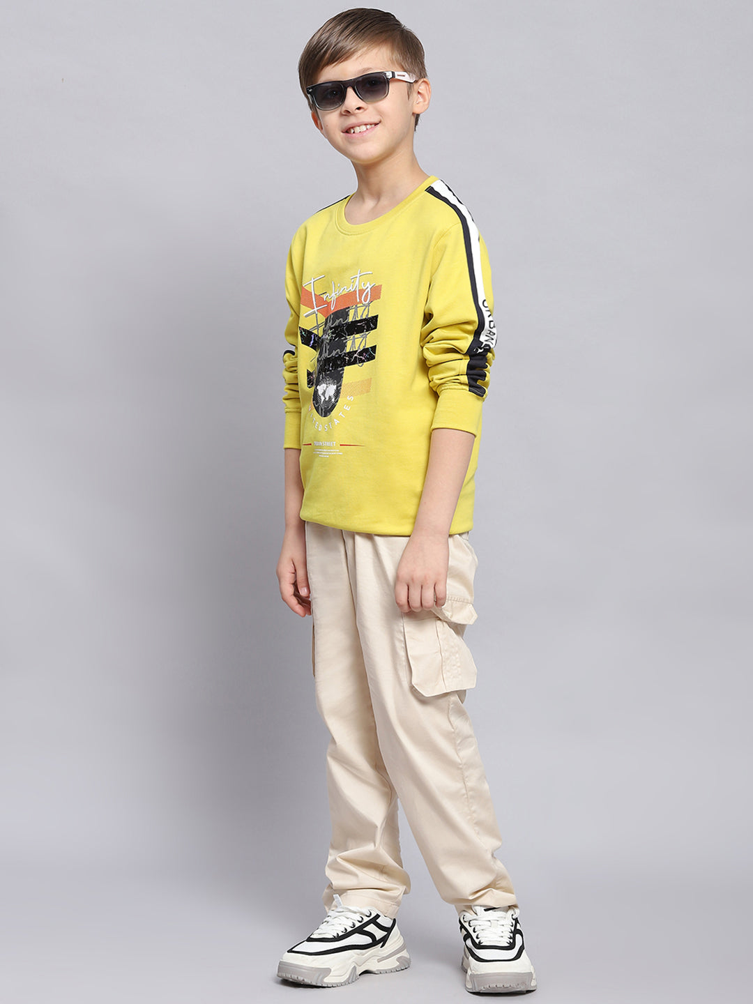 Boys Yellow Printed Round Neck Full Sleeve Sweatshirt