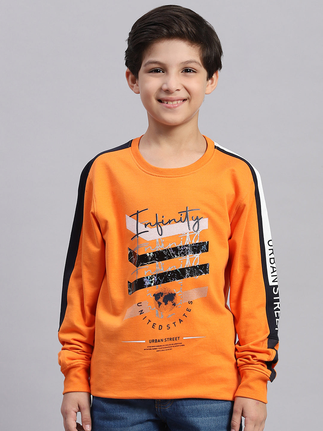 Boys Orange Printed Round Neck Full Sleeve Sweatshirt