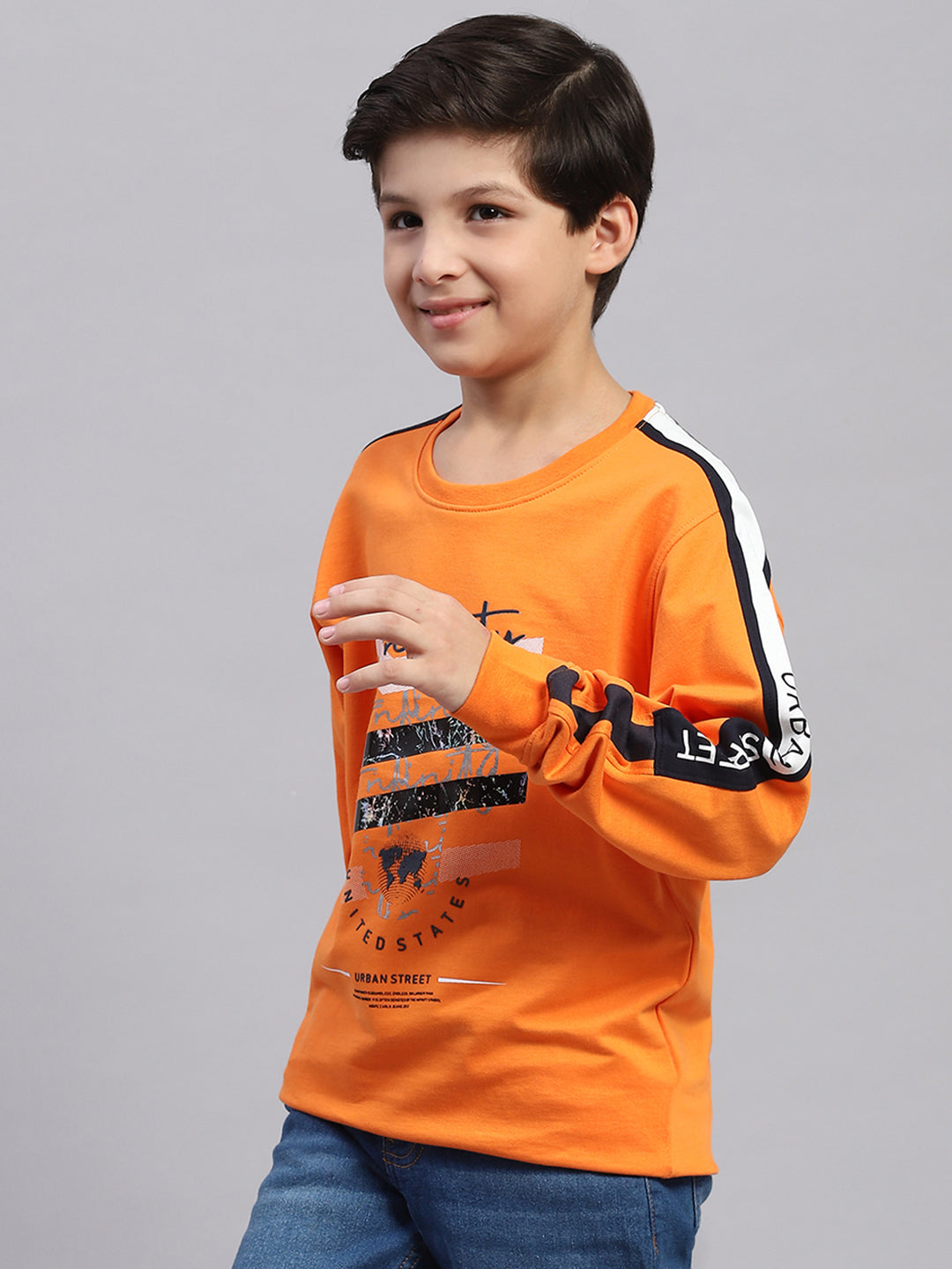 Boys Orange Printed Round Neck Full Sleeve Sweatshirt