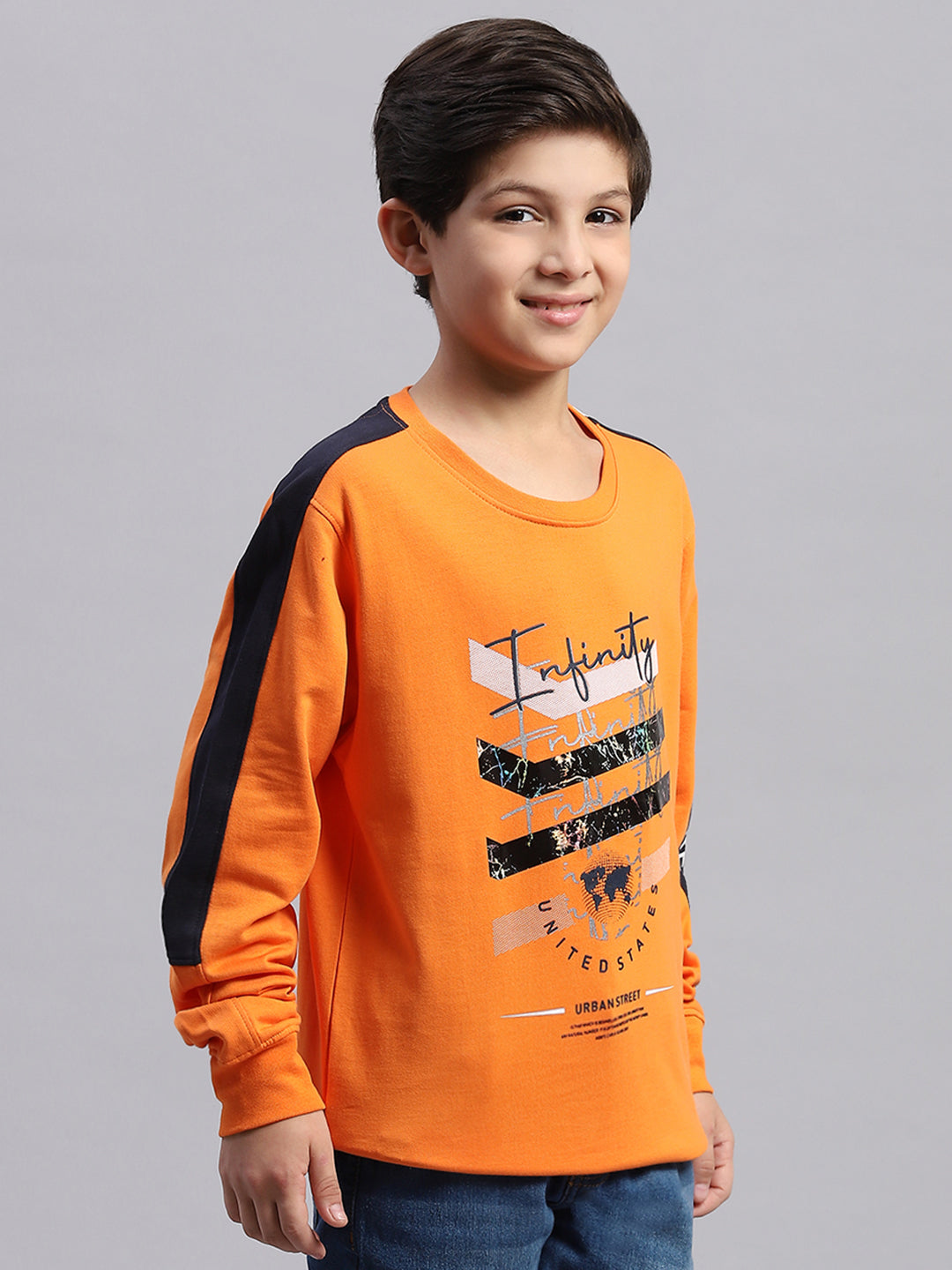 Boys Orange Printed Round Neck Full Sleeve Sweatshirt