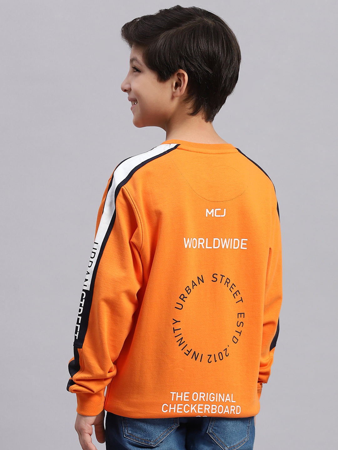 Boys Orange Printed Round Neck Full Sleeve Sweatshirt