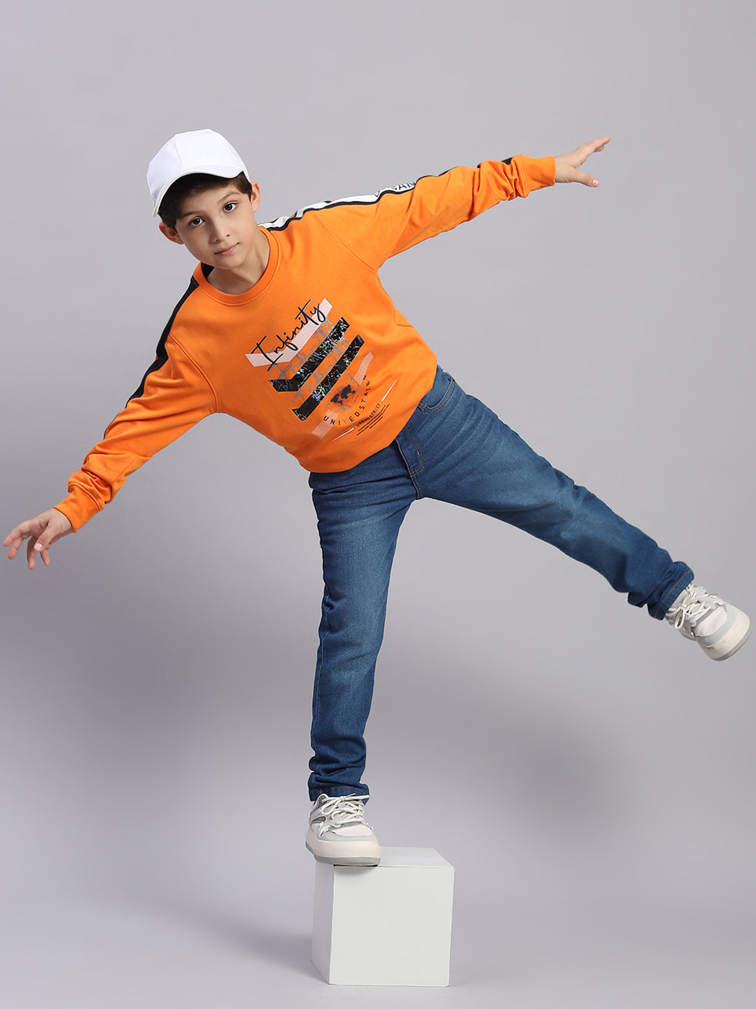 Boys Orange Printed Round Neck Full Sleeve Sweatshirt