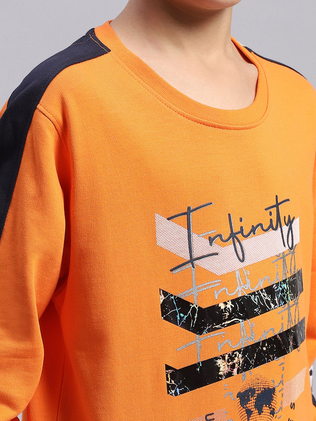 Boys Orange Printed Round Neck Full Sleeve Sweatshirt