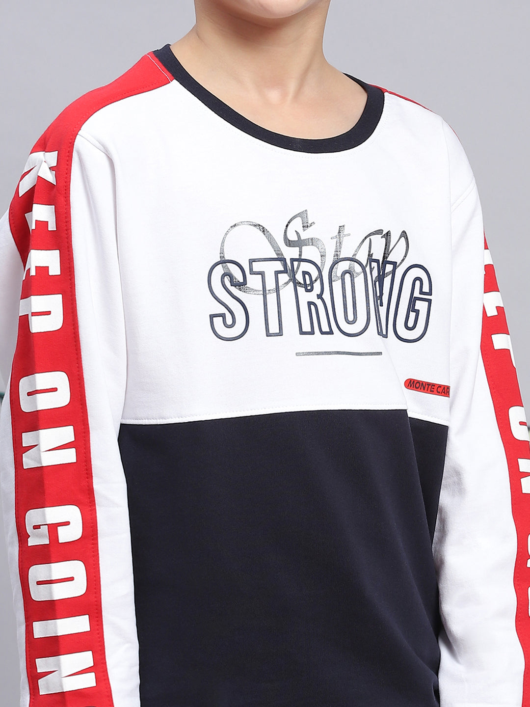 Boys White Printed Round Neck Full Sleeve Sweatshirt