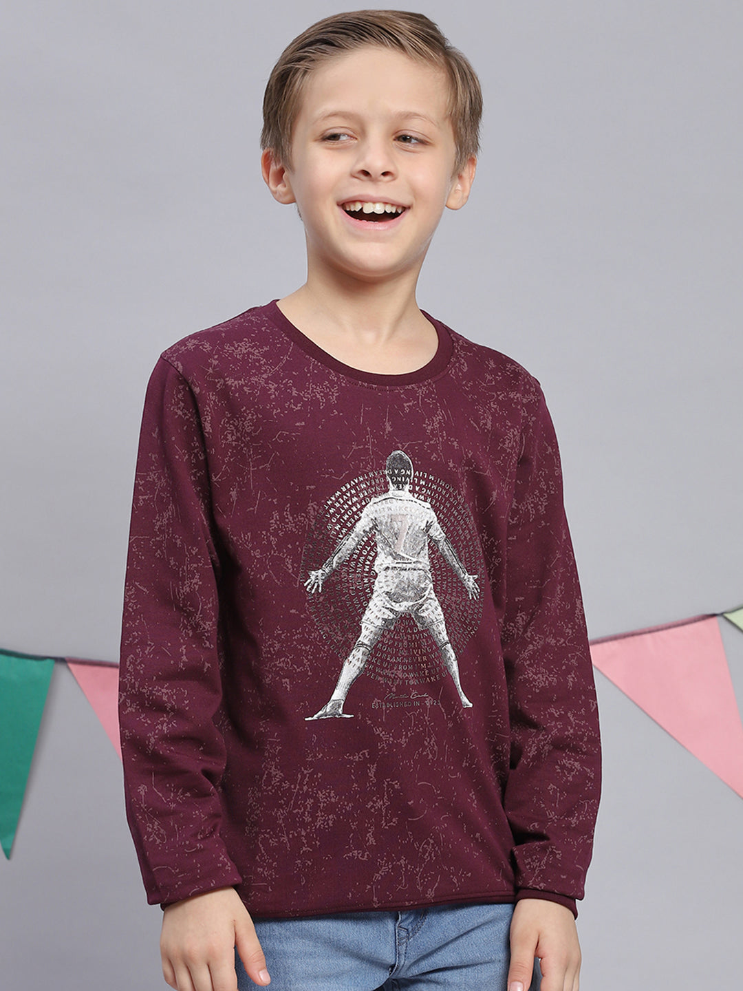 Boys Purple Printed Round Neck Full Sleeve Sweatshirt